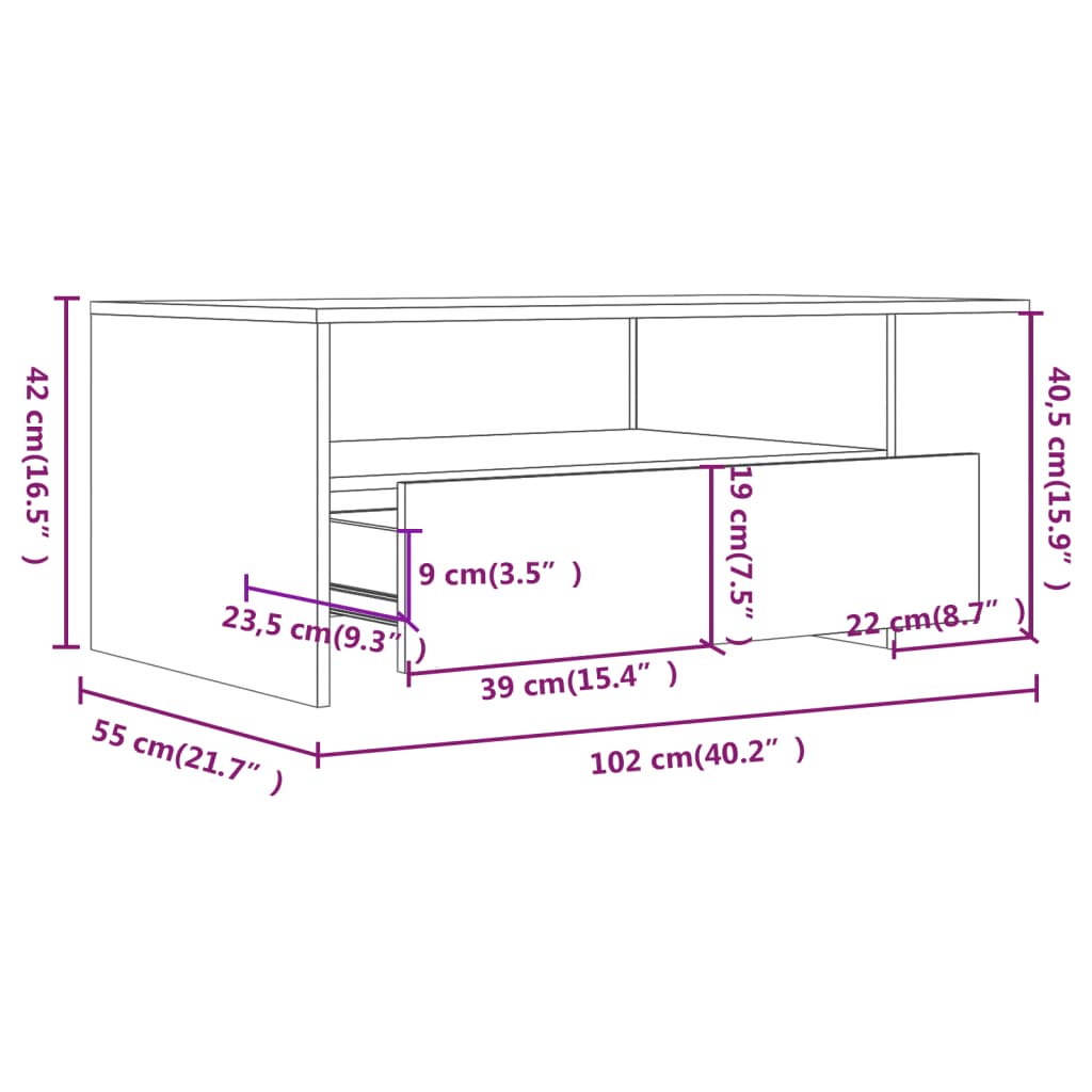 Weißer Couchtisch 102x55x42 cm aus Holzwerkstoff