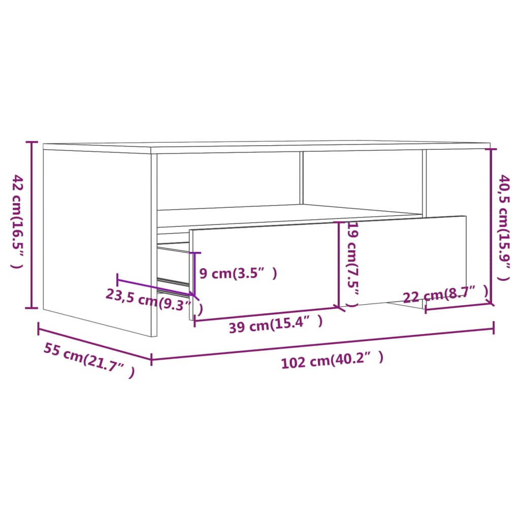 Sonoma grauer Couchtisch 102x55x42 cm, Holzwerkstoff