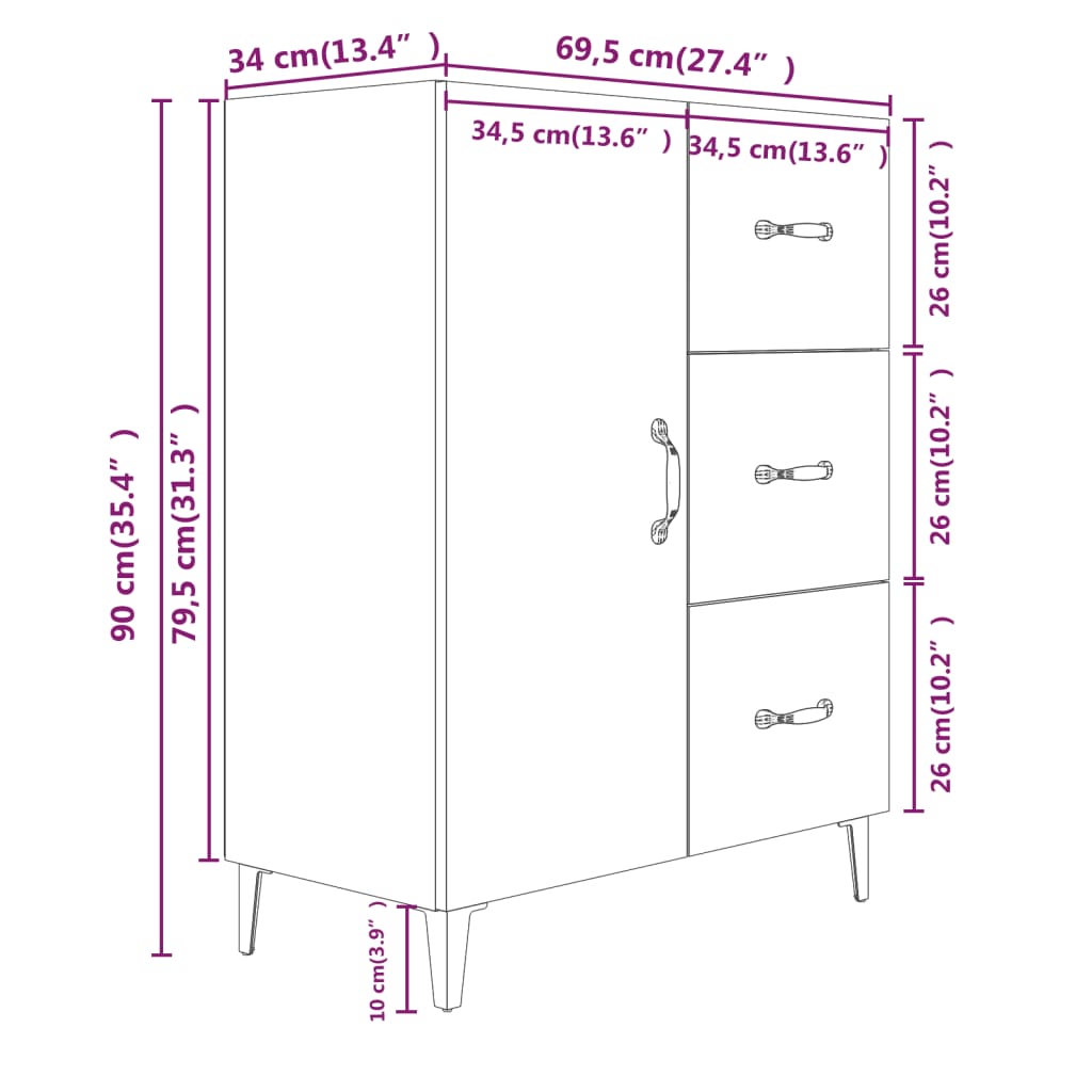 Sideboard aus Sonoma-Eiche, 69,5 x 34 x 90 cm, Holzwerkstoff