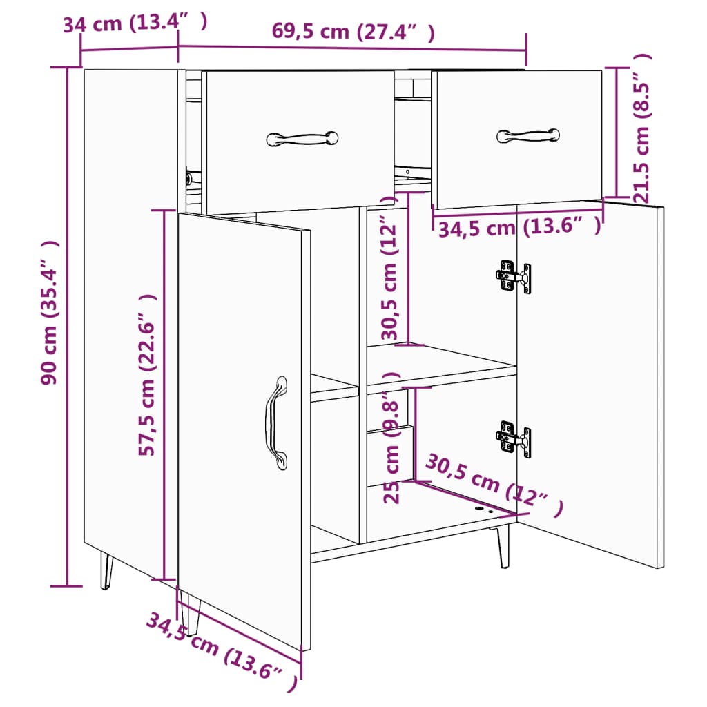 Buffet chêne sonoma 69,5x34x90 cm bois d'ingénierie