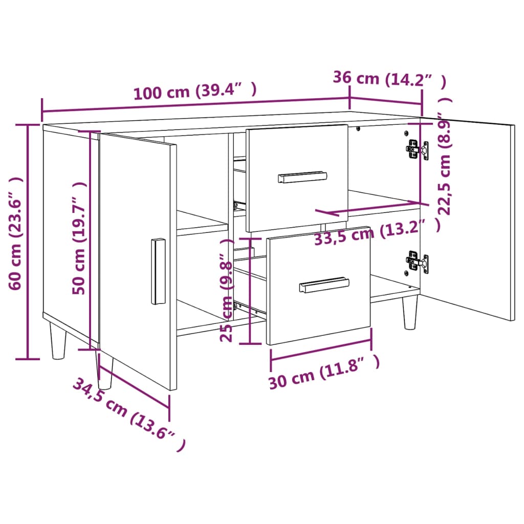 Buffet sonoma gris 100x36x60 cm bois d'ingénierie