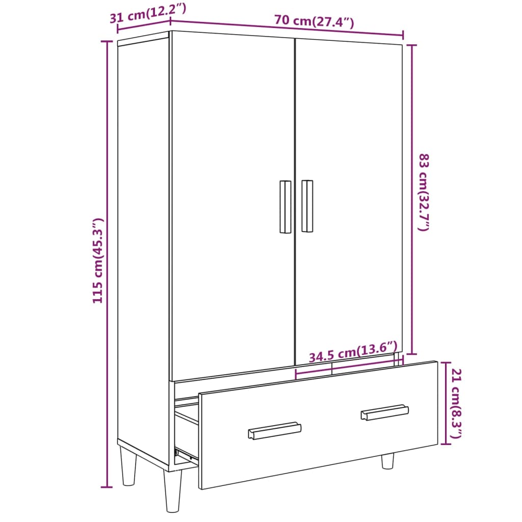 Buffet haut Chêne fumé 70x31x115 cm Bois d'ingénierie