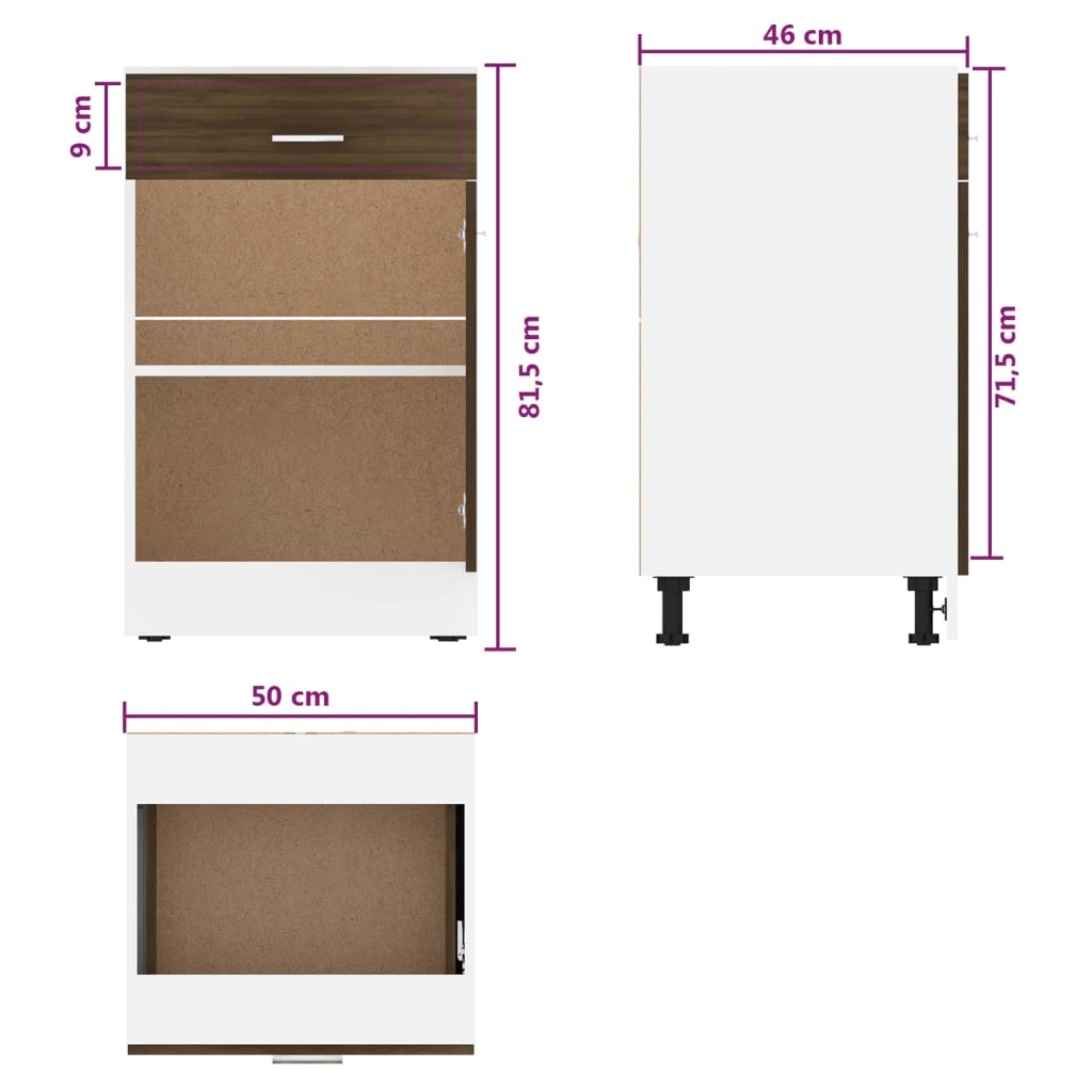 Unterschrank mit Schublade Braune Eiche 50x46x81,5 cm