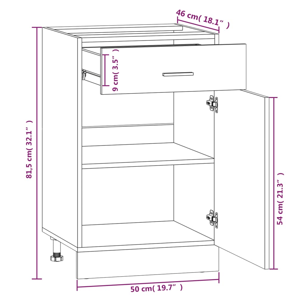 Unterschrank mit Schublade Braune Eiche 50x46x81,5 cm