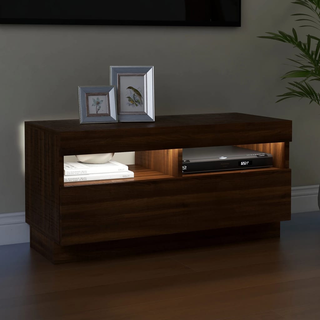 TV cabinet with LED lights brown oak 80x35x40 cm