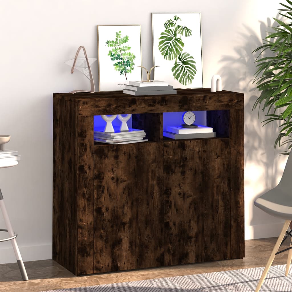 Sideboard mit LED-Leuchten, geräucherte Eiche, 80 x 35 x 75 cm