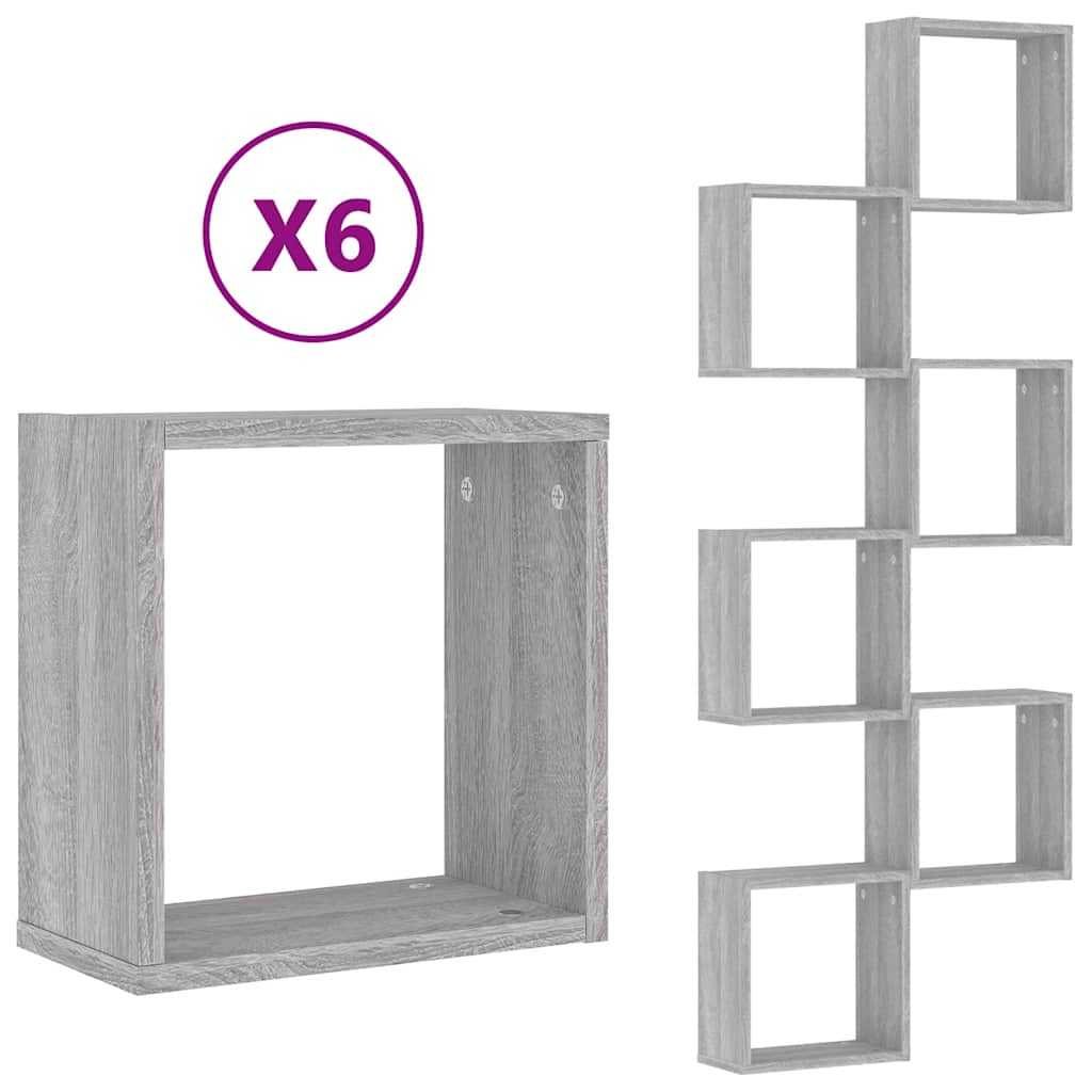 Étagères cube murales 6 pcs sonoma gris 30x15x30 cm