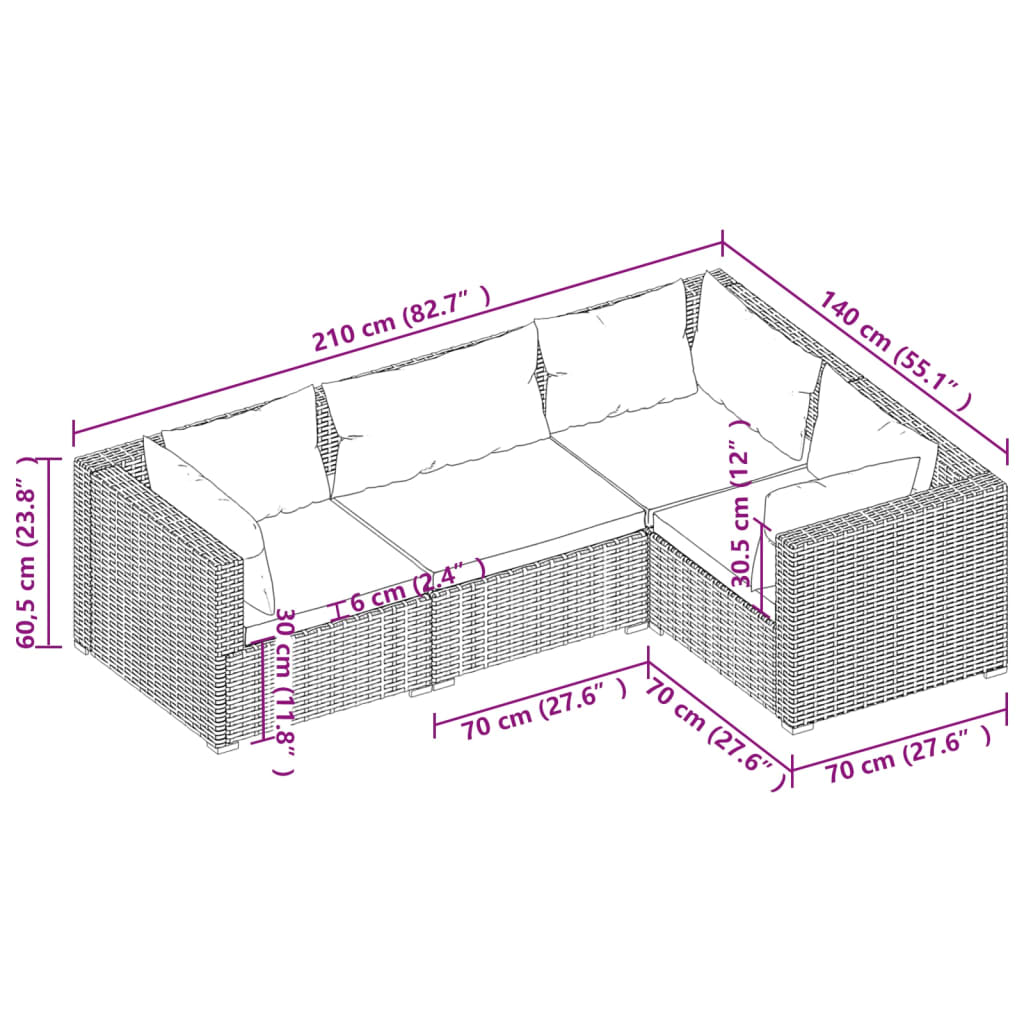 Salon de jardin 4 pcs avec coussins Résine tressée Marron