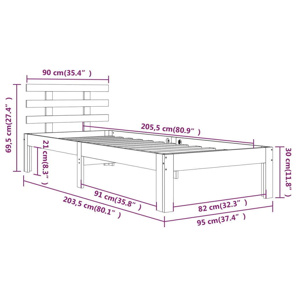 Bettgestell ohne Matratze aus weißem Massivholz 90x200 cm