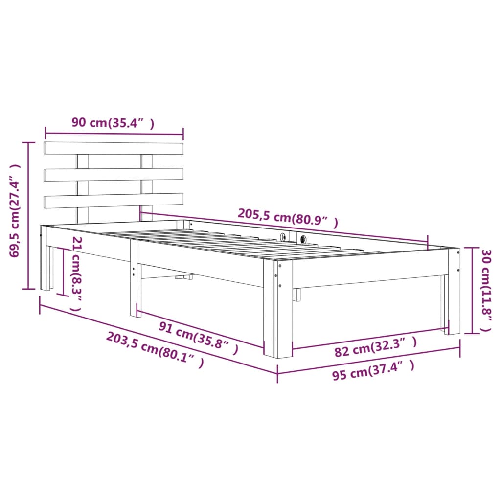 Bettgestell ohne Matratze aus schwarzem Massivholz 90x200 cm