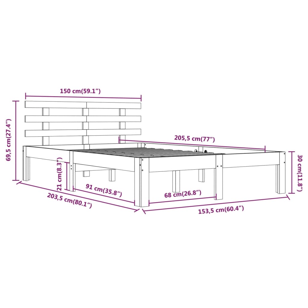 Cadre de lit sans matelas marron miel bois massif 150x200 cm