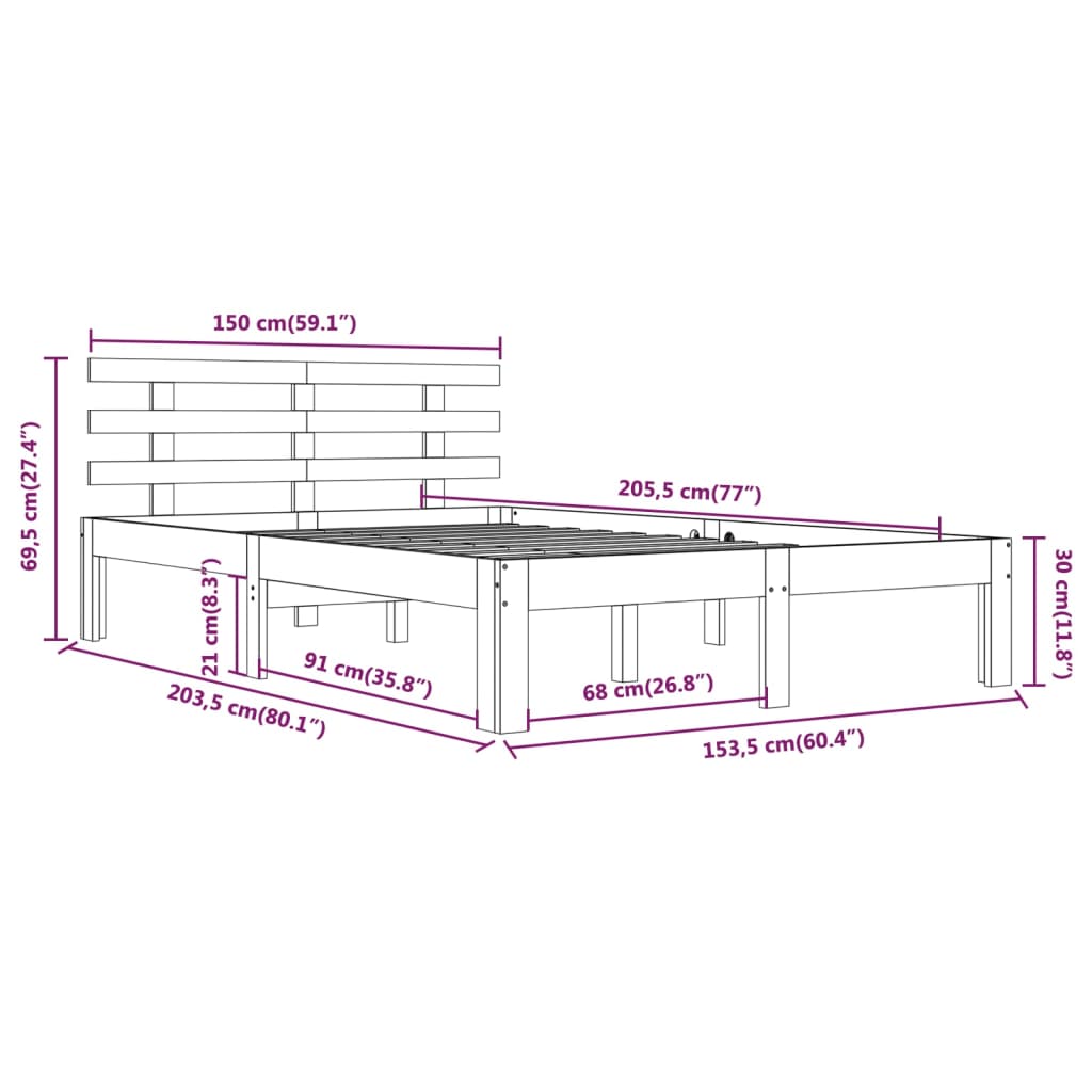 Bettgestell ohne Matratze aus schwarzem Massivholz 150x200 cm