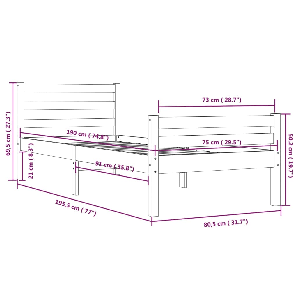 Bed frame without mattress solid wood 75x190 cm