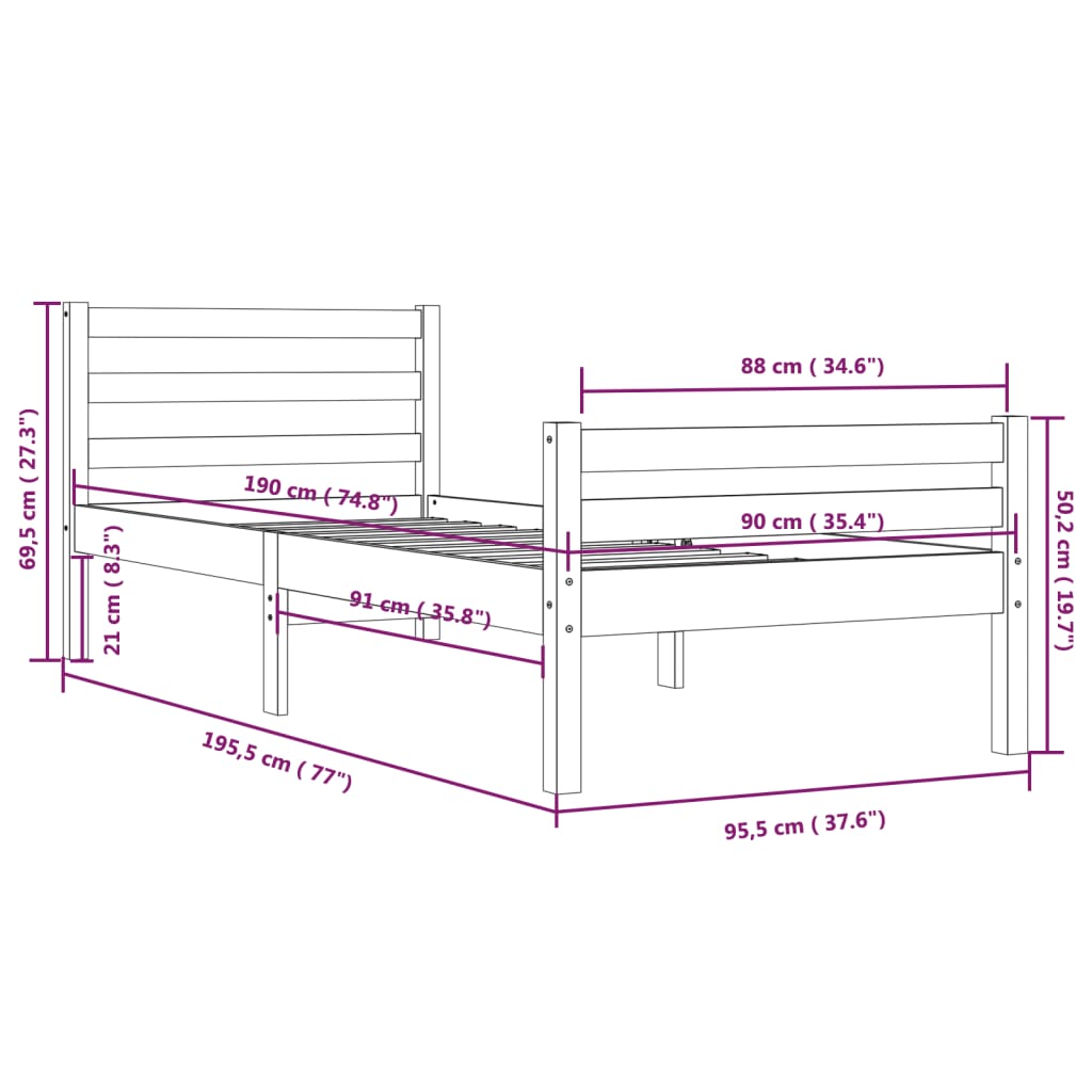 Bed frame without mattress solid wood 90x190 cm