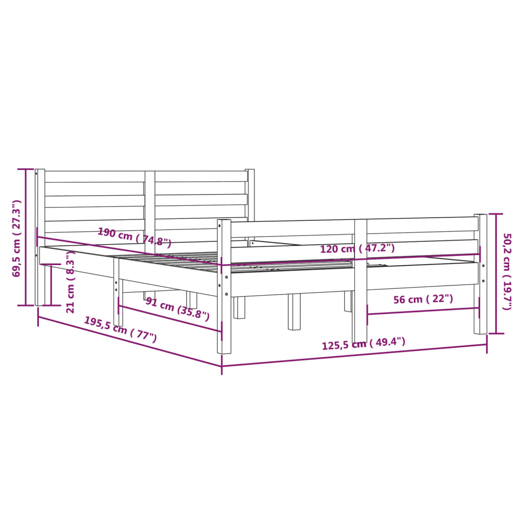 Cadre de lit sans matelas bois massif 120x190 cm