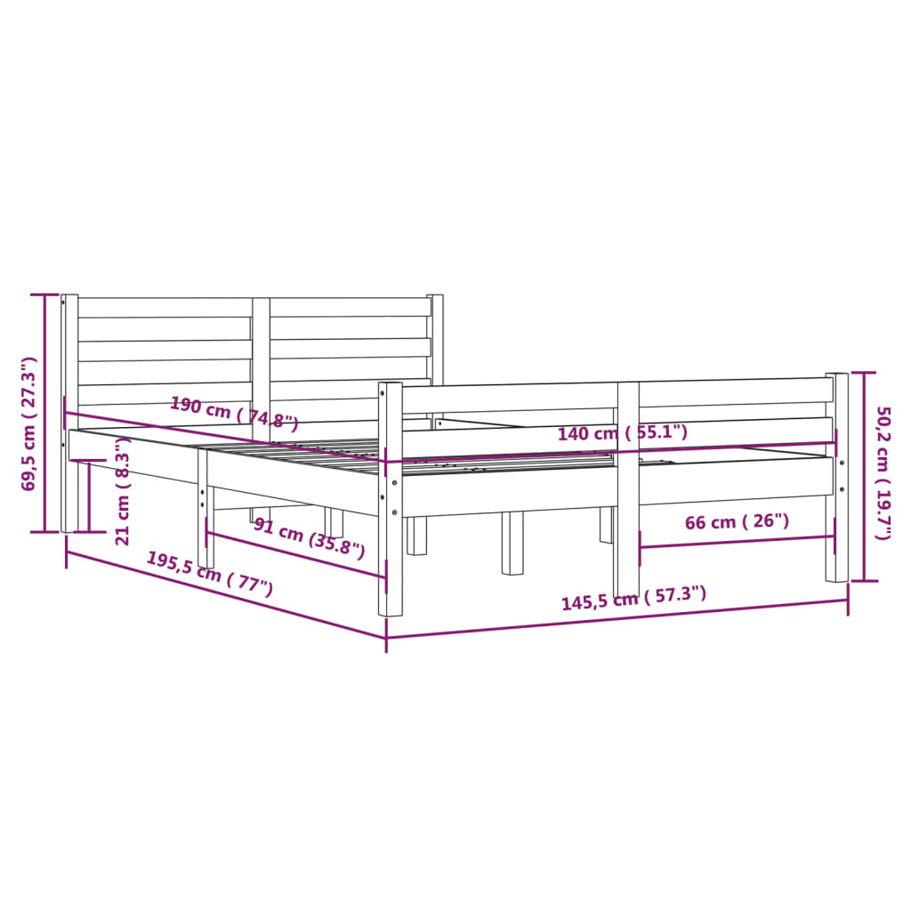 Bed frame without mattress gray solid wood 140x190 cm