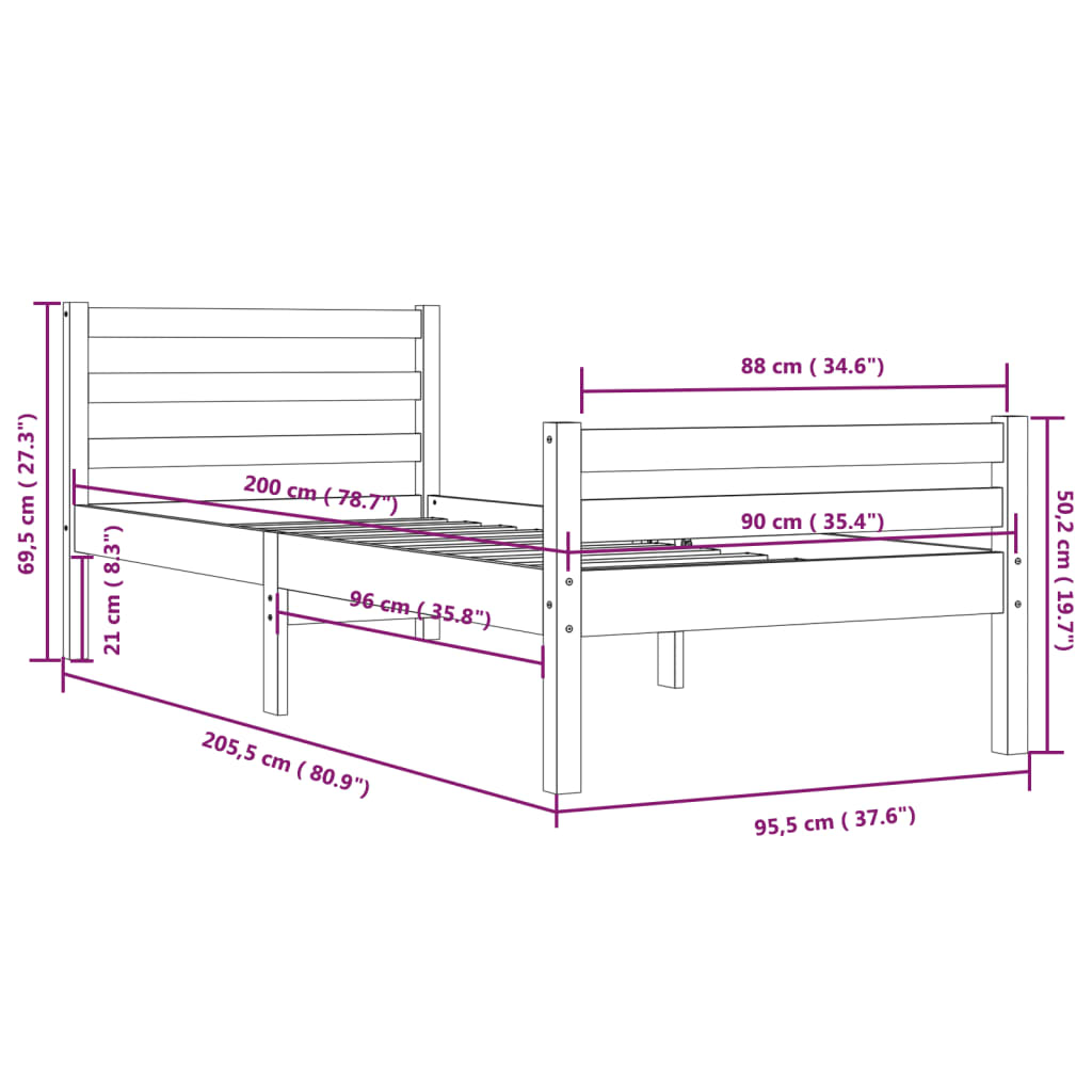 Cadre de lit sans matelas blanc bois massif 90x200 cm