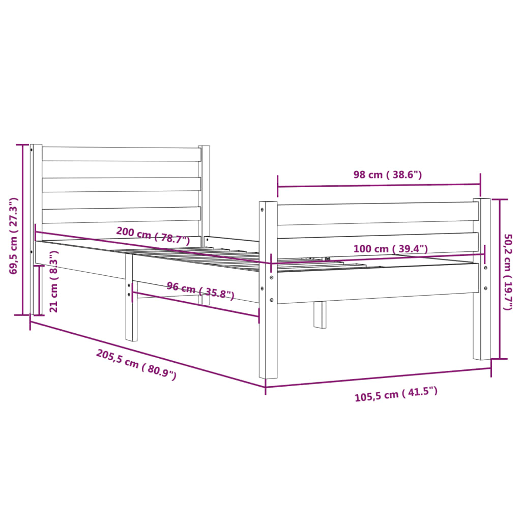 Bed frame without mattress solid wood 100x200 cm