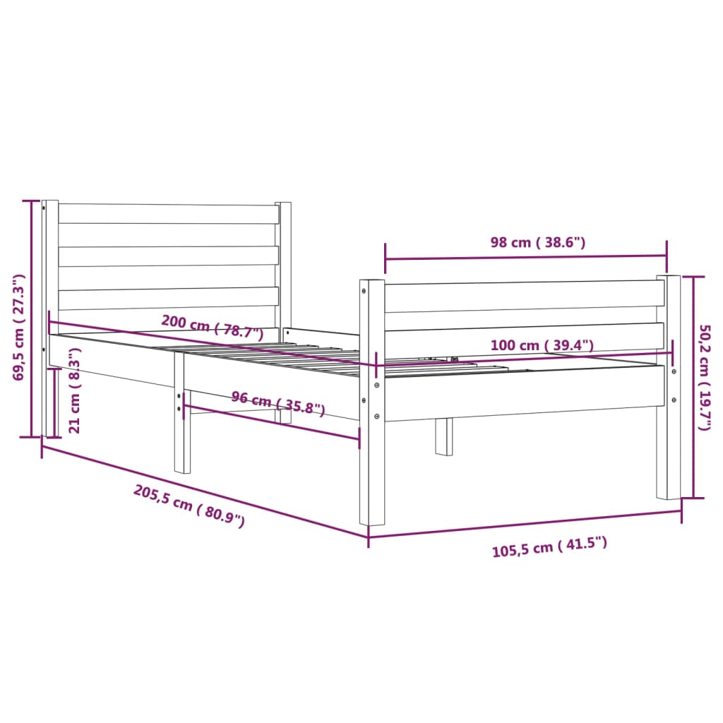 Bettgestell ohne Matratze aus weißem Massivholz 100x200 cm