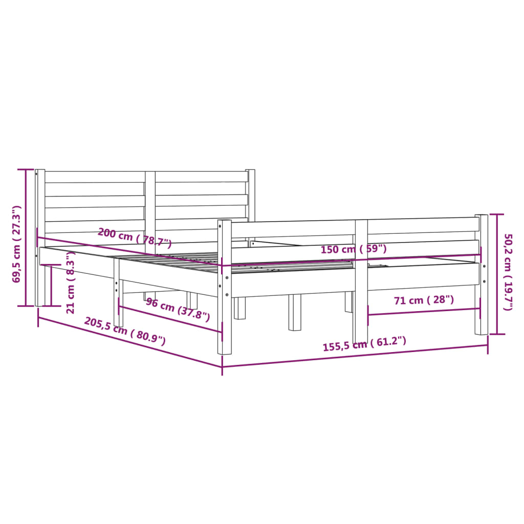 Cadre de lit sans matelas bois massif 150x200 cm