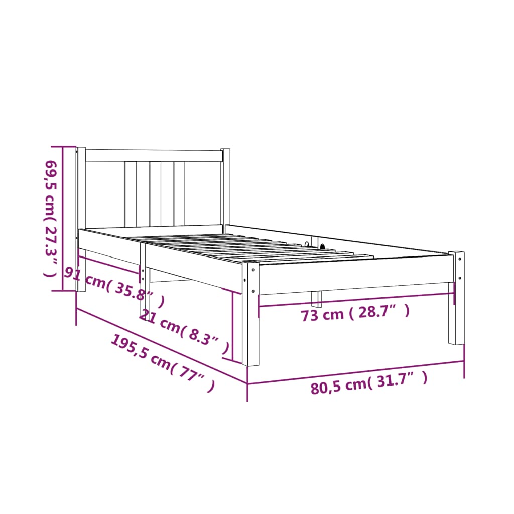 Bed frame without mattress black solid wood 75x190 cm