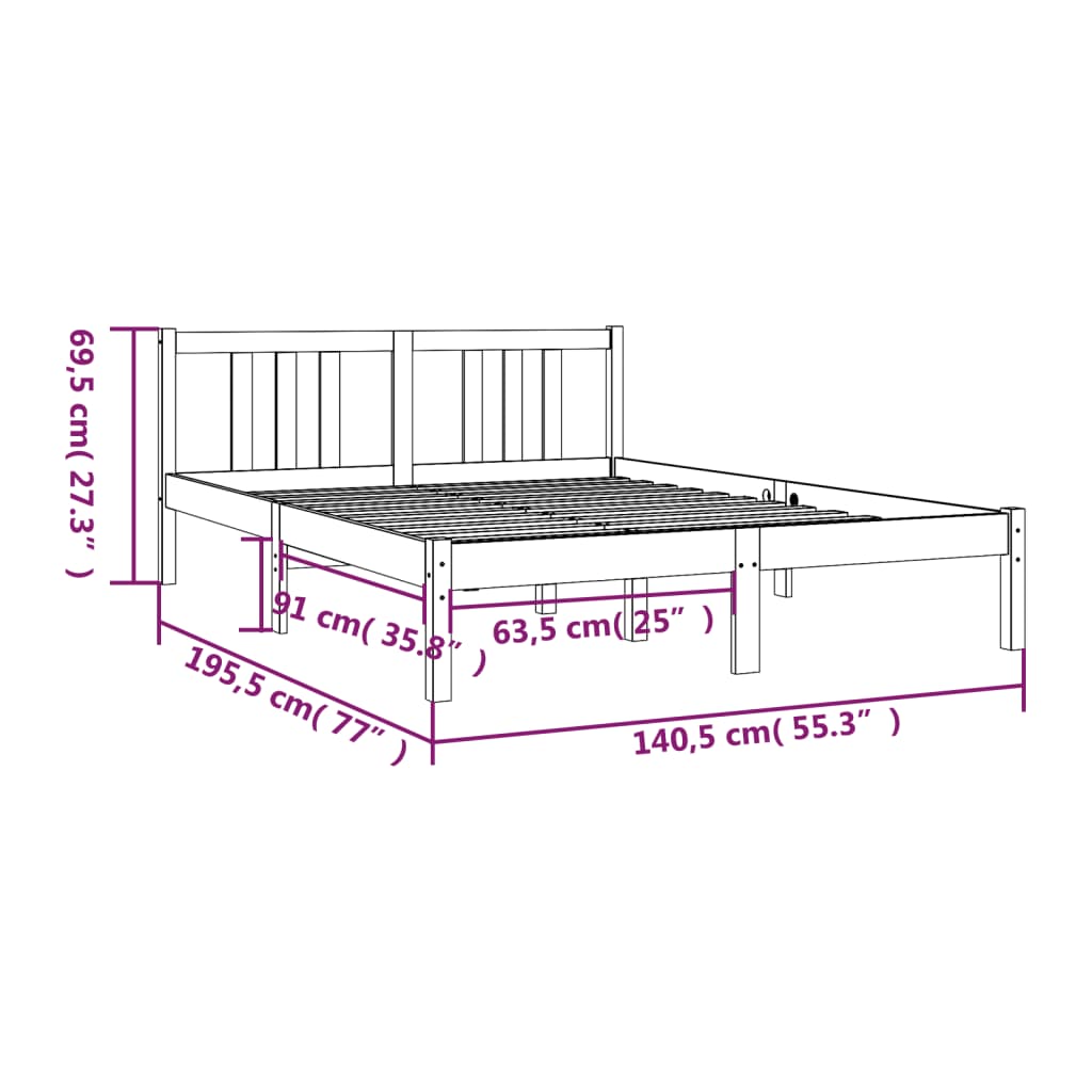 Bed frame without mattress gray solid wood 135x190 cm