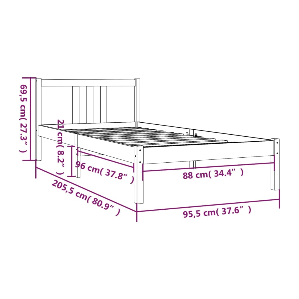 Bed frame without mattress black solid wood 90x200 cm