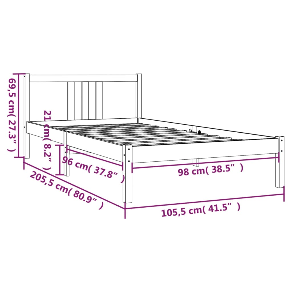 Bed frame without mattress gray solid wood 100x200 cm