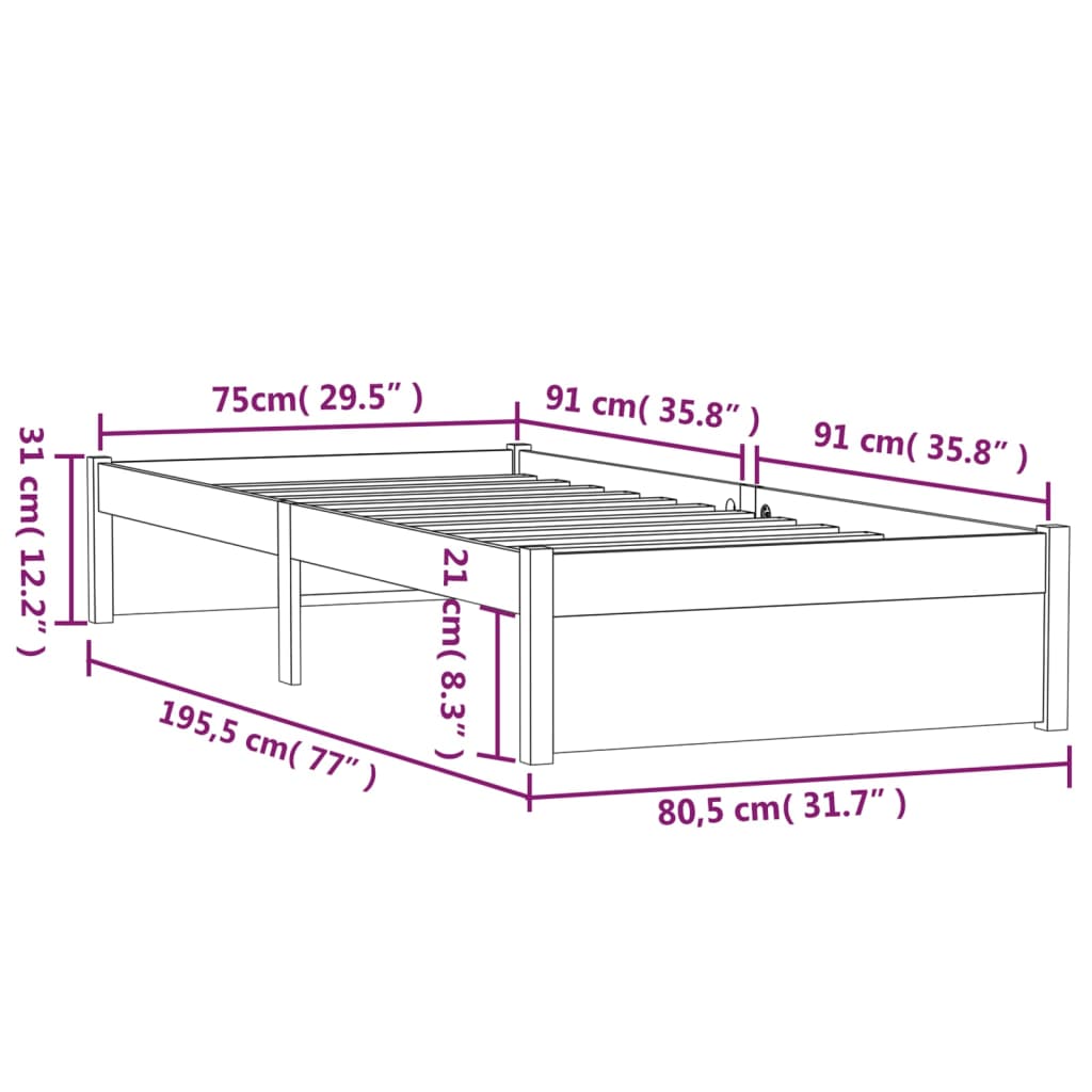 Bed frame without mattress black solid wood 75x190 cm