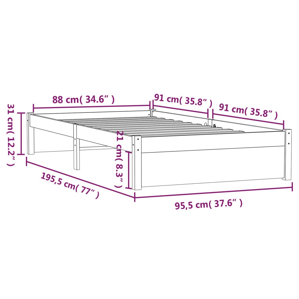 Bed frame without mattress solid wood 90x190 cm