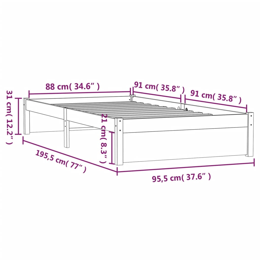 Bed frame without mattress black solid wood 90x190 cm