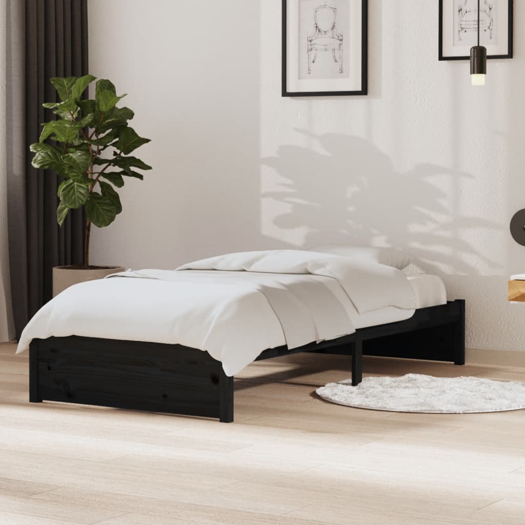 Cadre de lit sans matelas noir bois massif 90x190 cm