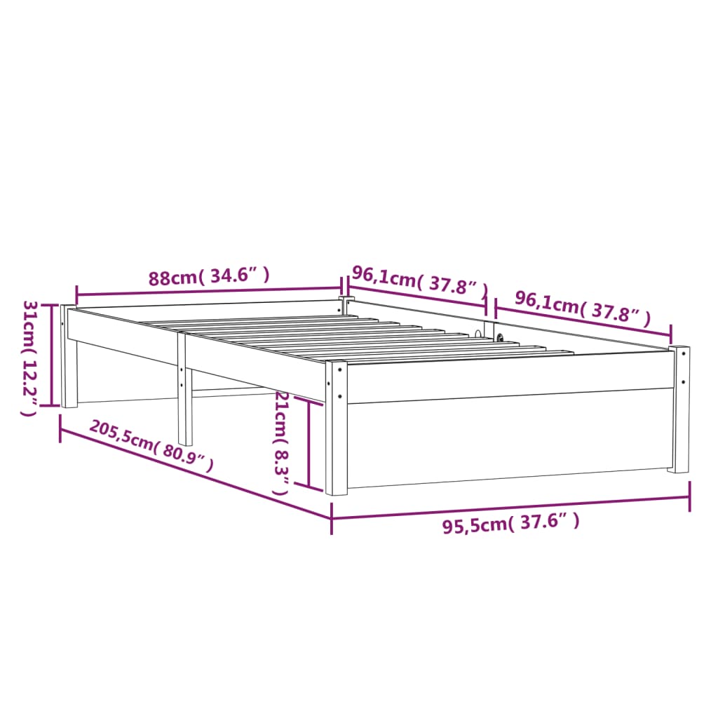 Bed frame without mattress white solid wood 90x200 cm