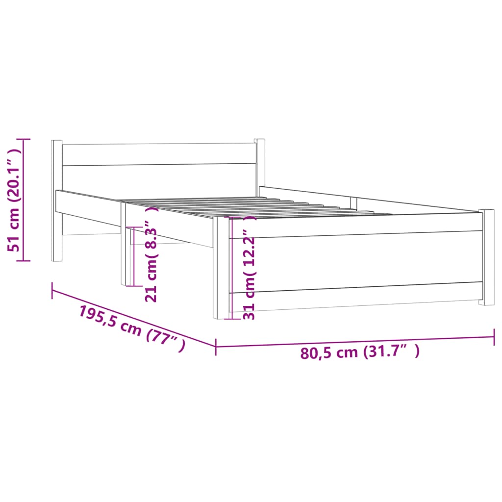 Cadre de lit sans matelas marron miel bois massif 75x190 cm