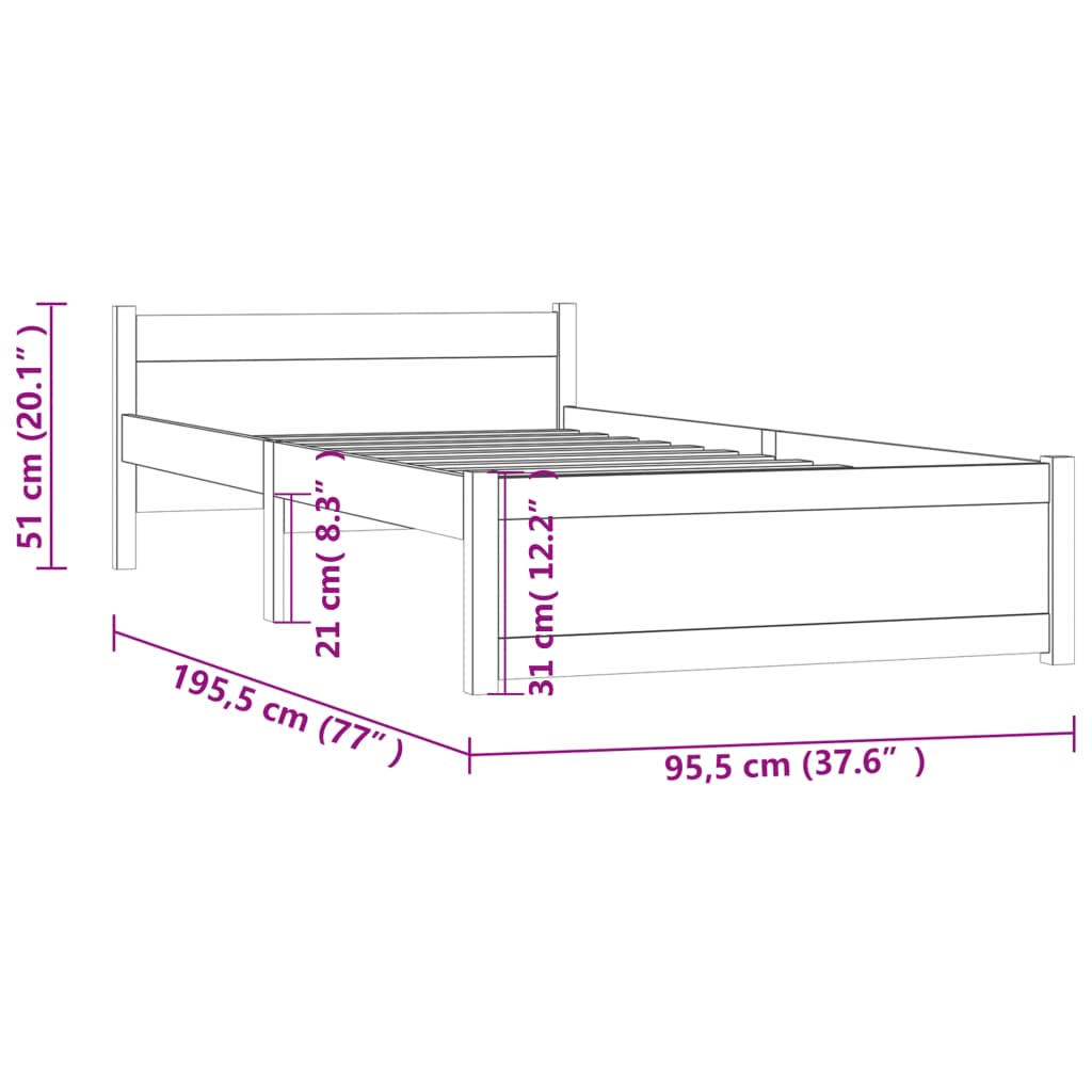 Cadre de lit sans matelas marron miel bois massif 90x190 cm