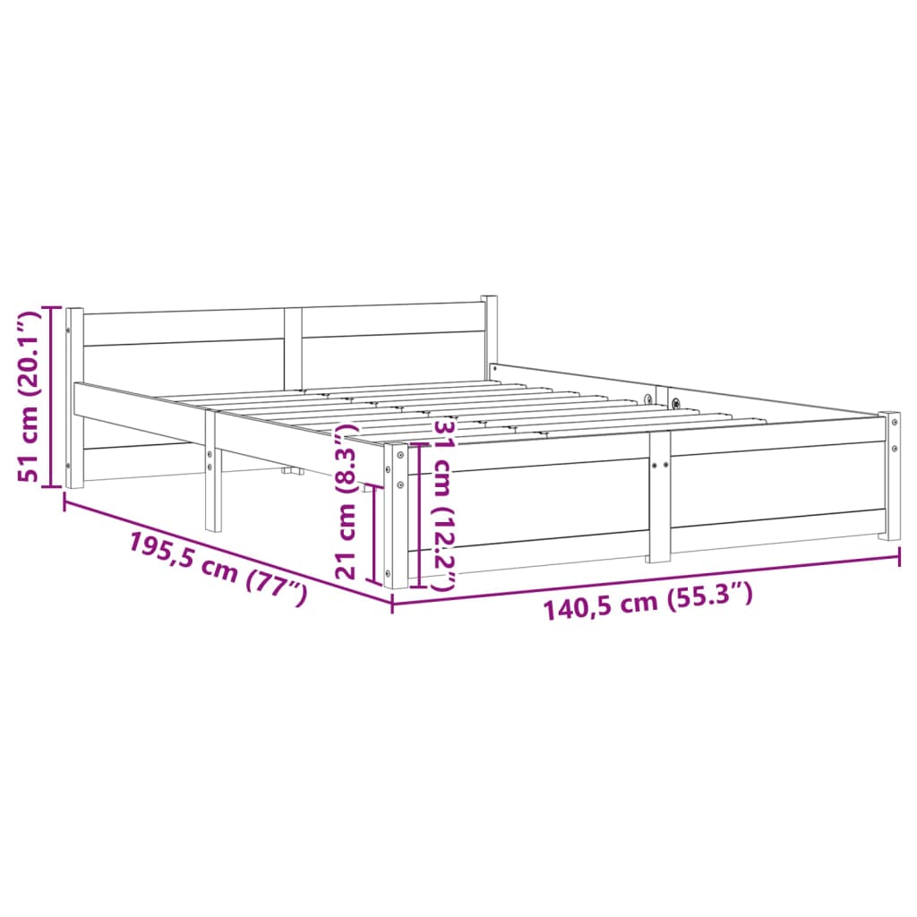 Bed frame without mattress gray solid wood 135x190 cm