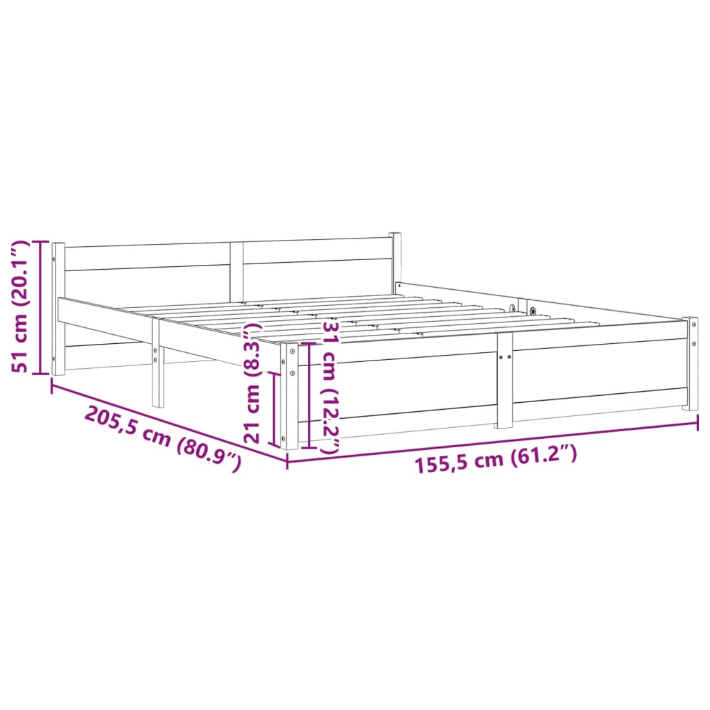 Cadre de lit sans matelas noir bois massif 150x200 cm