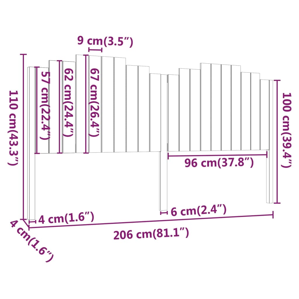 Tête de lit Noir 206x4x110 cm Bois massif de pin