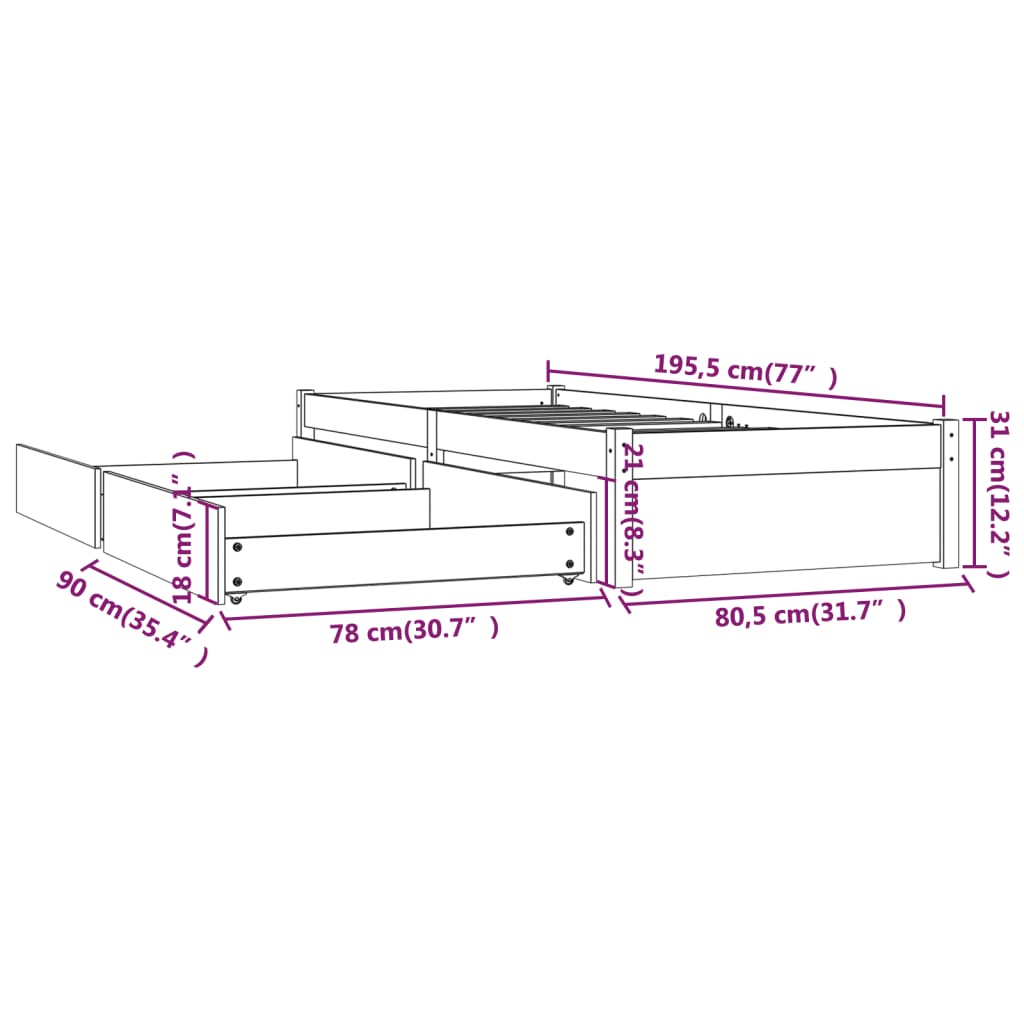 Cadre de lit sans matelas avec tiroirs blanc