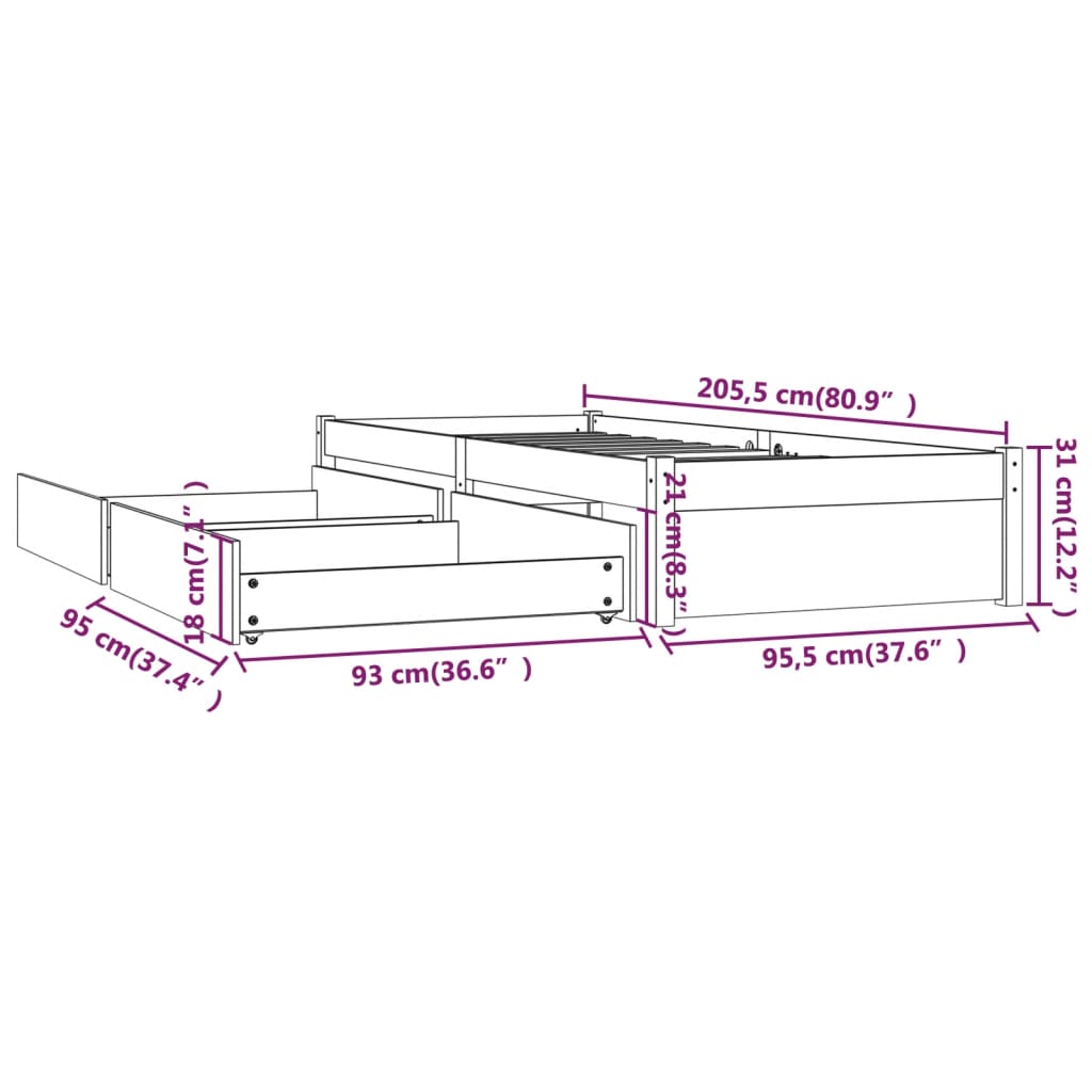 Cadre de lit sans matelas avec tiroirs 90x200 cm