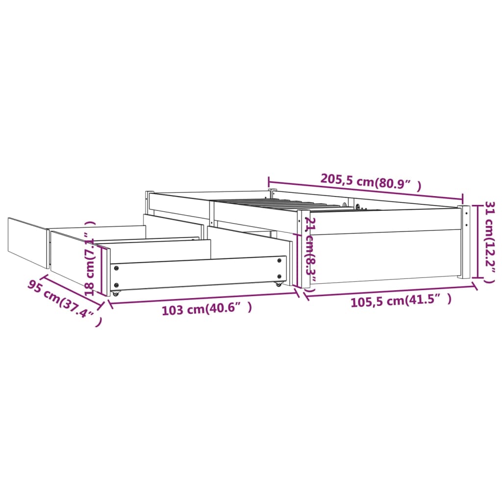 Cadre de lit sans matelas avec tiroirs 100x200 cm