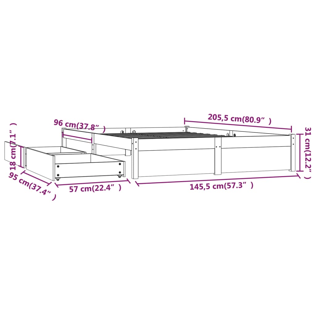 Cadre de lit sans matelas avec tiroirs 140x200 cm