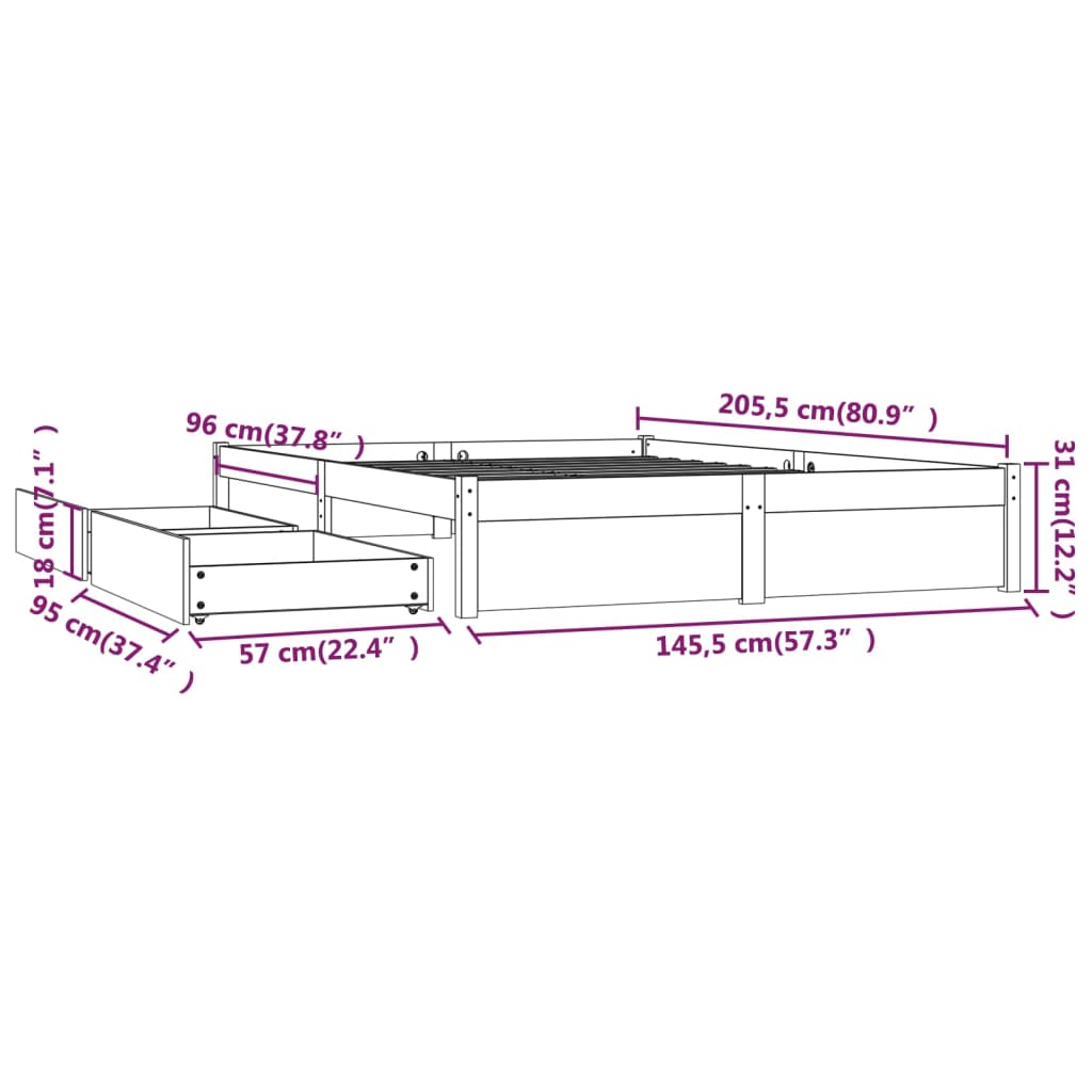 Cadre de lit sans matelas avec tiroirs blanc 140x200 cm