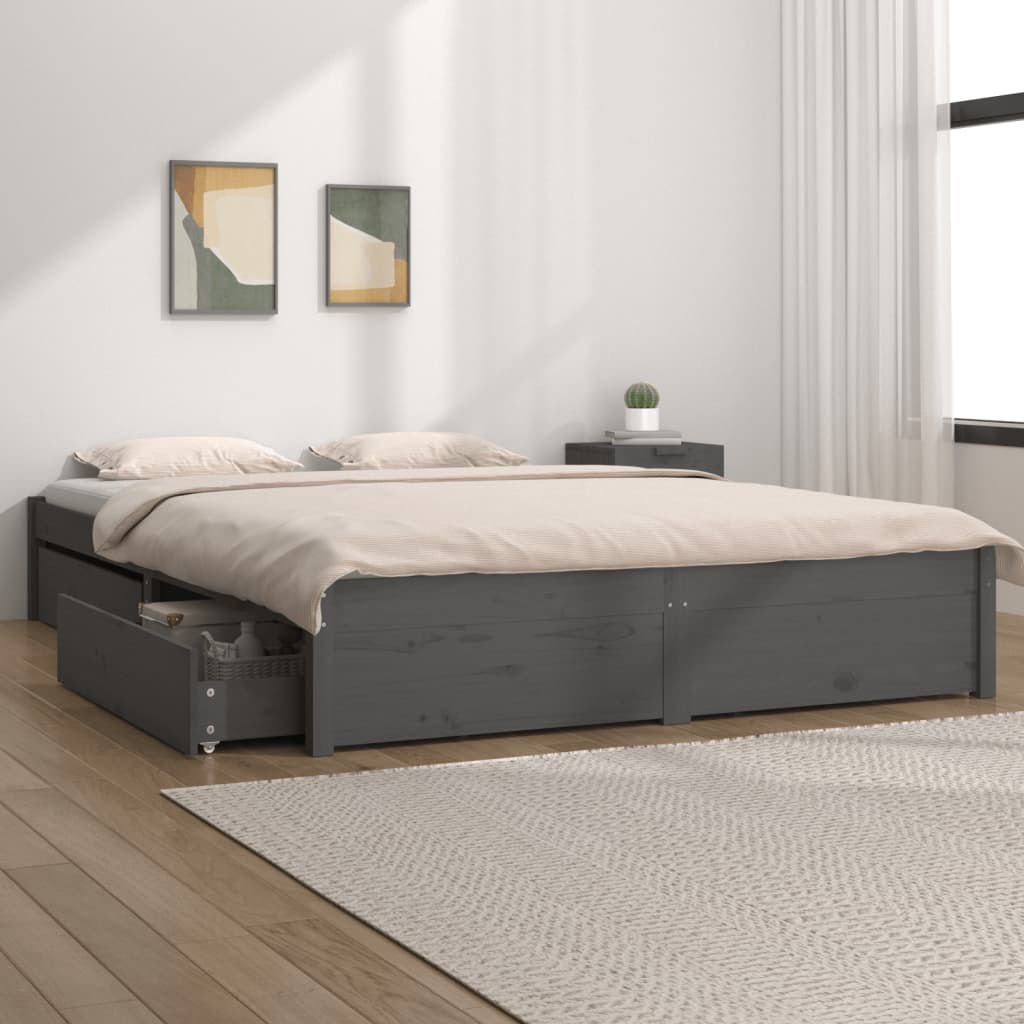 Cadre de lit sans matelas avec tiroirs gris