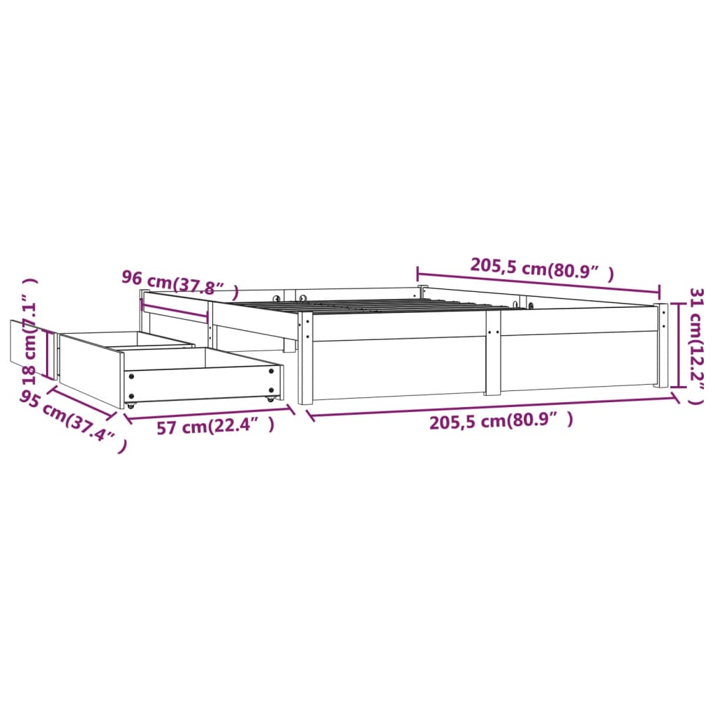 Cadre de lit sans matelas avec tiroirs 200x200 cm