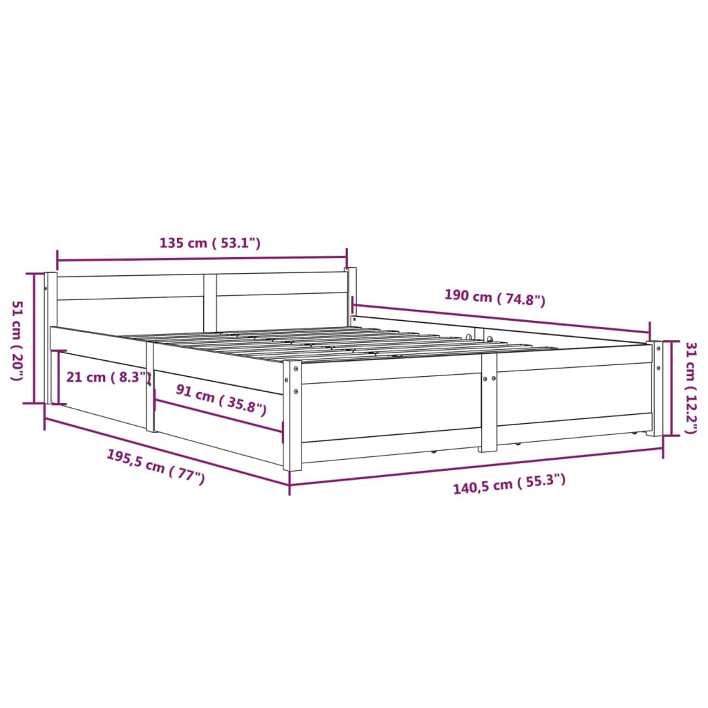 Cadre de lit sans matelas avec tiroirs blanc