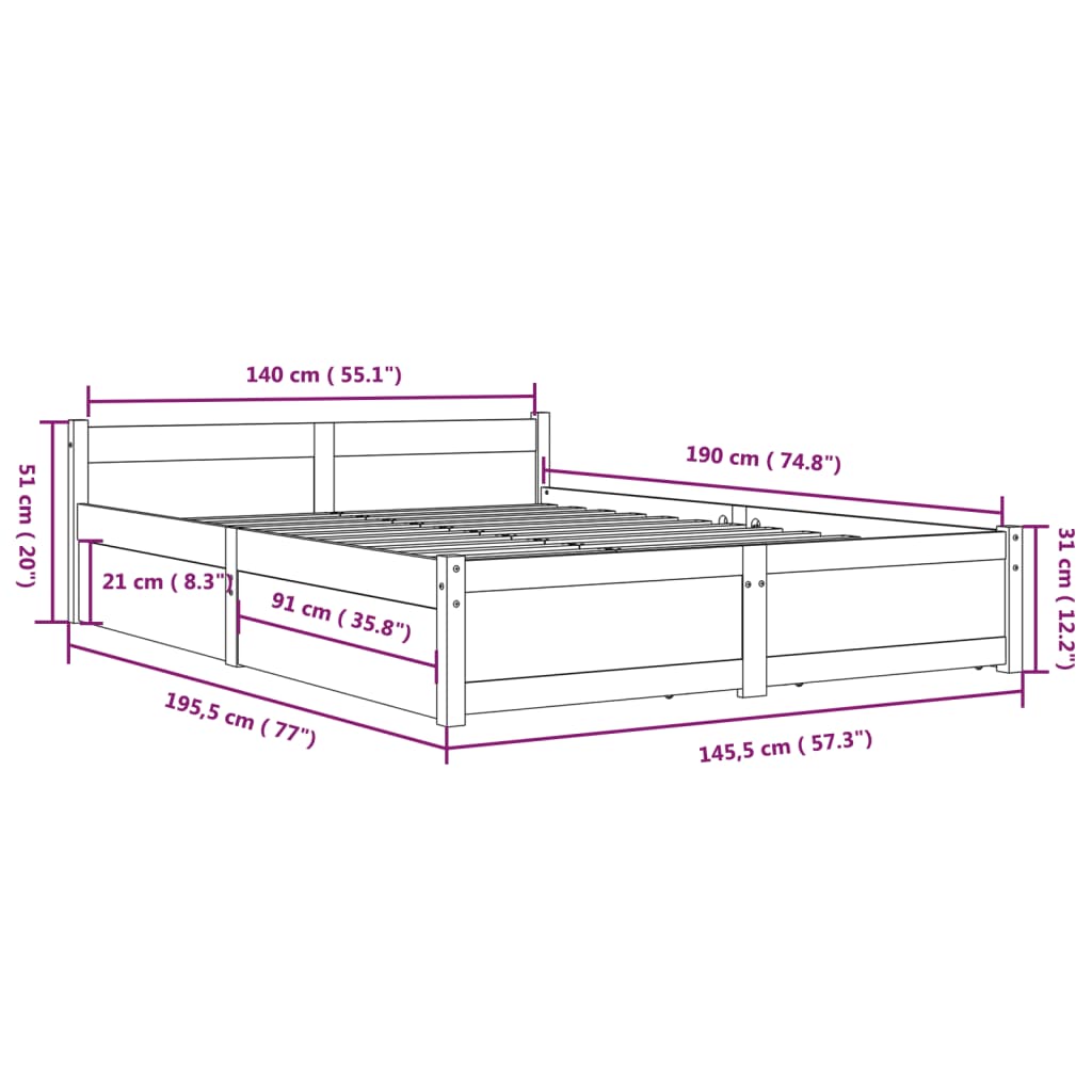 Cadre de lit sans matelas avec tiroirs noir 140x190 cm