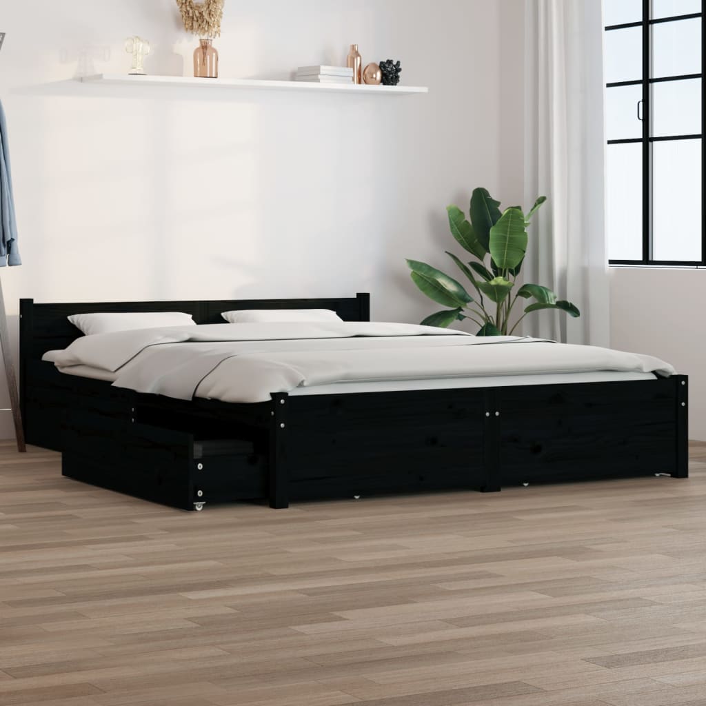 Cadre de lit sans matelas avec tiroirs noir 140x190 cm