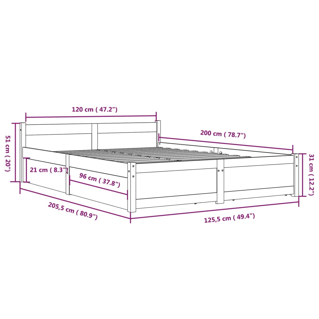 Cadre de lit sans matelas avec tiroirs 120x200 cm