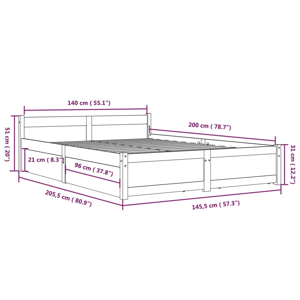 Cadre de lit sans matelas avec tiroirs 140x200 cm